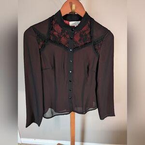 Wayf Black Sheer Lace Yoke Button-Up Blouse